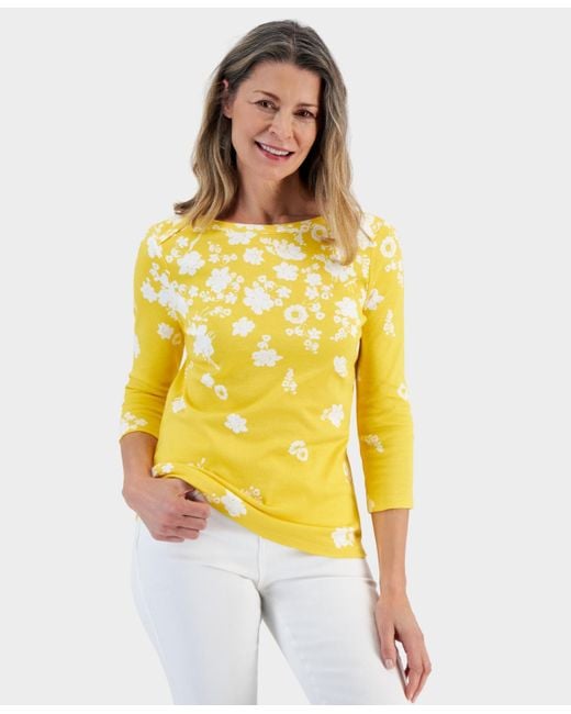 Style & Co. Yellow Printed Pima Cotton Boat-neck 3/4-sleeve Top