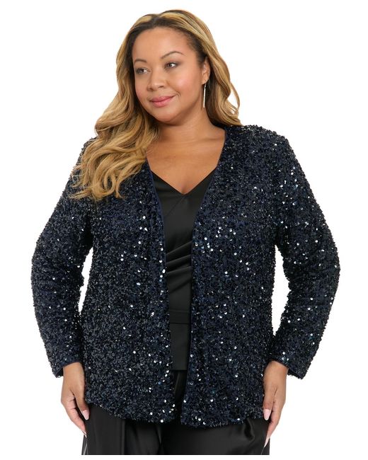 Muse Blue Plus Size Sequined V-neck Jacket