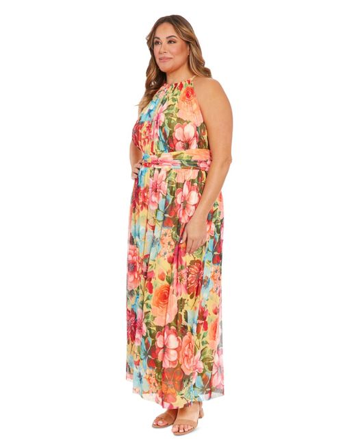 London Times Red Plus Size Floral Halter Maxi Dress
