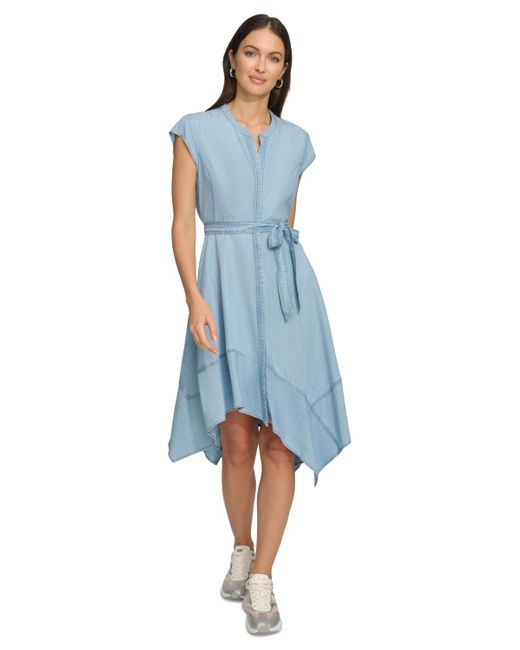 DKNY Blue Belted Asymmetrical Dress