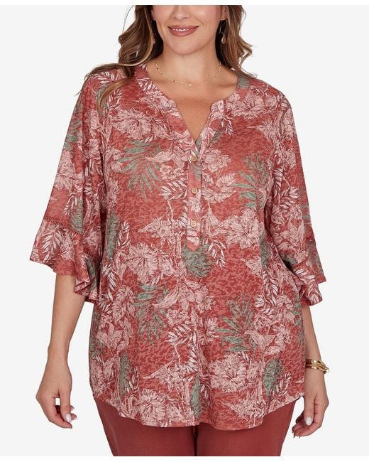 Ruby Rd Red Plus Size Tropical Floral Burnout Split Neck Top