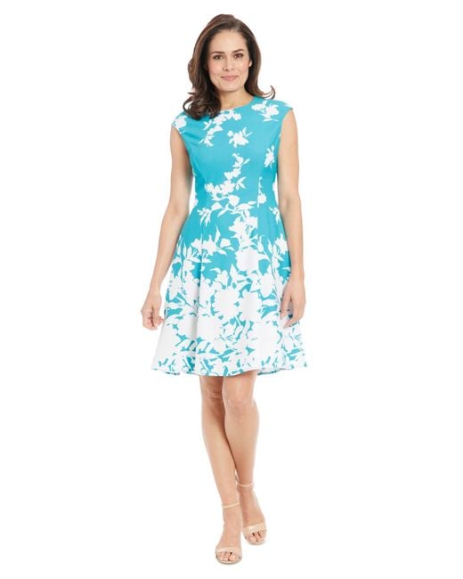 London Times Blue Printed Cap-sleeve Fit & Flare Dress