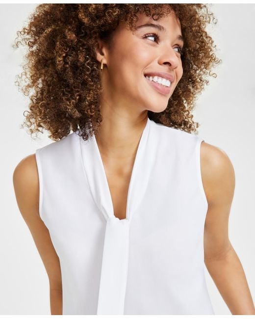 Kasper White Womens Tie Neck Blouse
