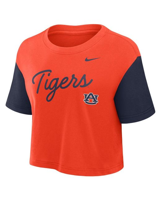 Nike Red Orange/navy Auburn Tigers Color Block Script Cropped T-shirt