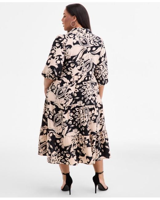 Sandra Darren White Plus Size Printed Spread-collar Midi Dress