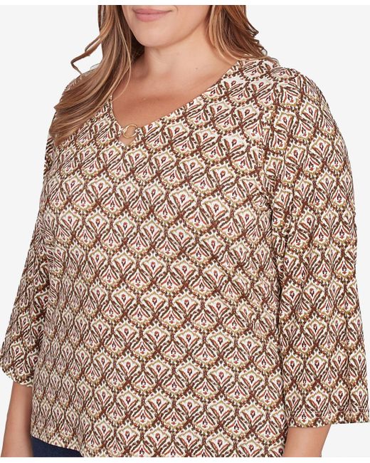 hearts of palm Brown Plus Size Spice It Up Printed 3/4 Sleeve Top