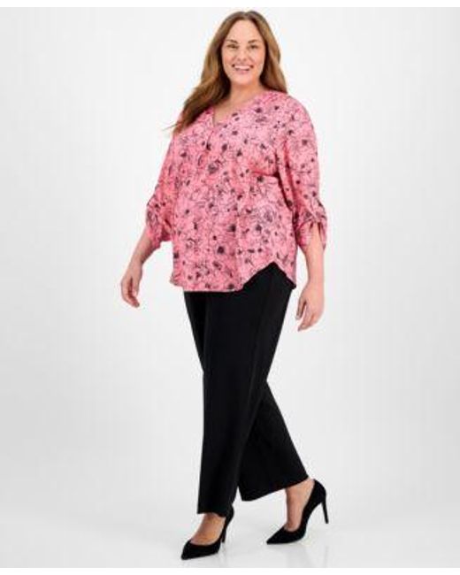 Anne Klein Pink Plus Size Printed Roll Tab Sleeve Tunic Pull On Wide Leg Pants