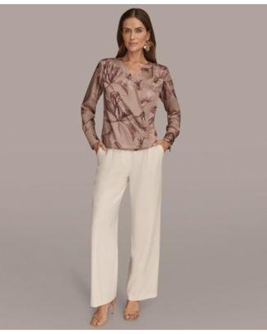 Donna Karan Brown Long Sleeve Printed Top Pleated Wide Leg Pants