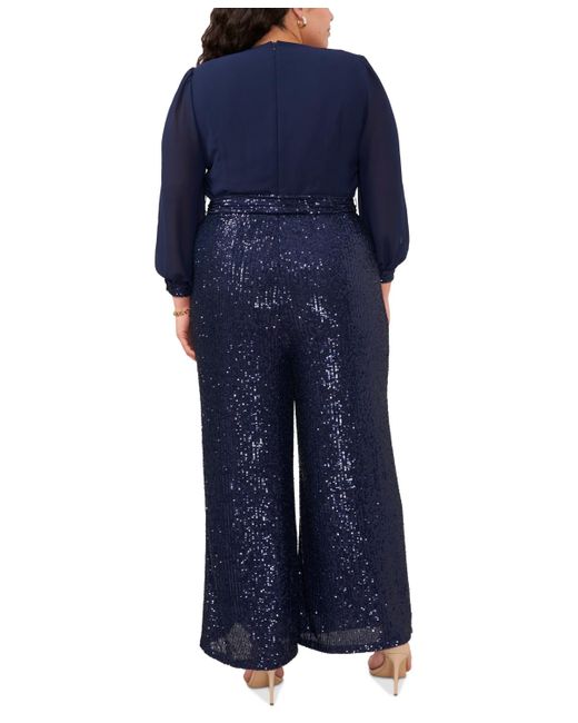 Msk Blue Plus Size Sequined Split-sleeve Jumpsuit