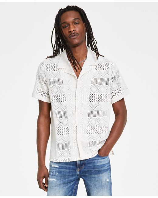 Guess White Short-sleeve Geometric Crochet-knit Shirt for men