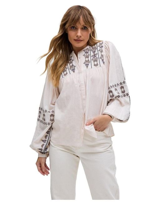 Raffya Natural Demi Embroidered Ballon Sleeve Shirt