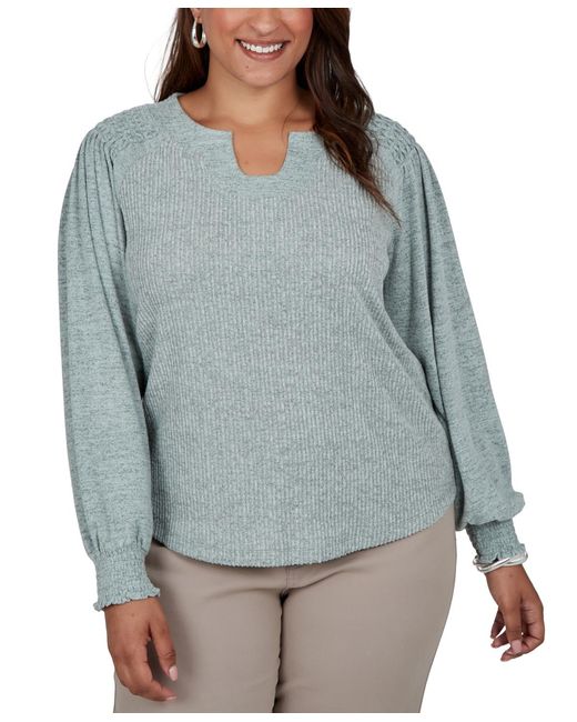 Ruby Rd Gray Plus Size Split Neck Long-sleeve Ribbed Blouse