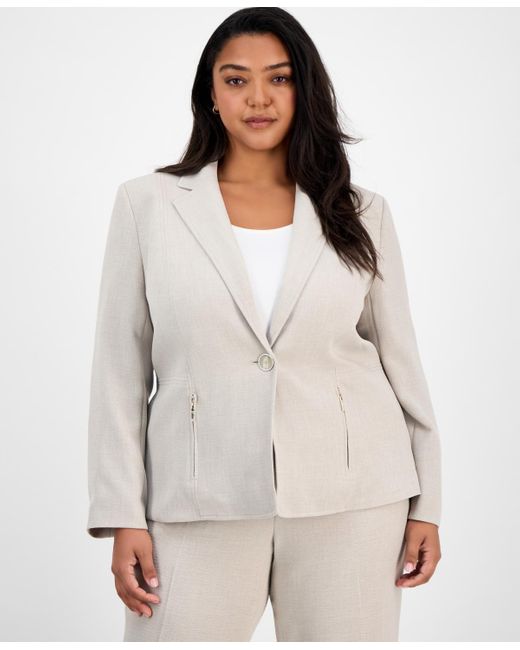 Kasper White Plus Size One-button Zip-pocket Blazer