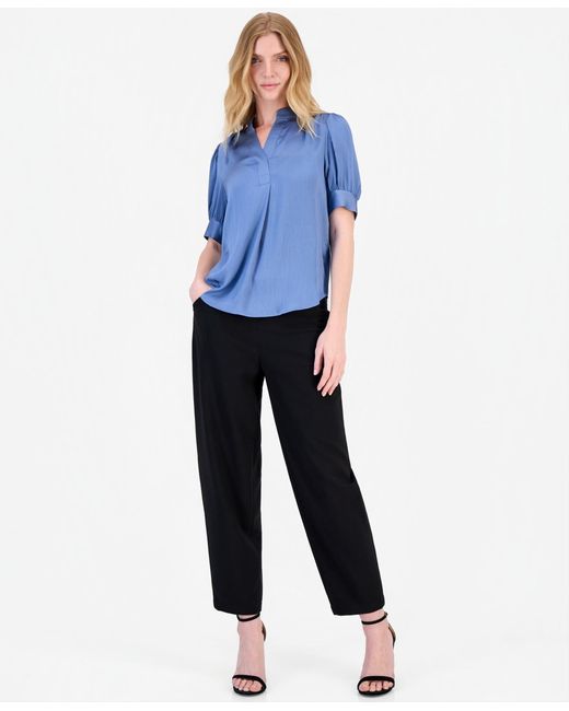 Anne Klein Blue Split-neck Puffed-sleeve Top