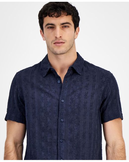 Guess Blue Textured Embroidered Button-front Short Sleeve Shirt for men