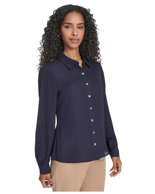 Tommy Hilfiger Blue Pleated Sleeve Button Up Blouse