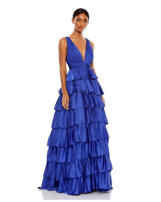 Mac Duggal Blue Ruffle Tiered Pleated Sleeveless V Neck Gown