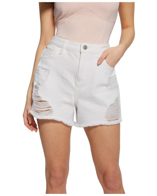 Guess White High Rise Distressed Relaxed Denim Shorts