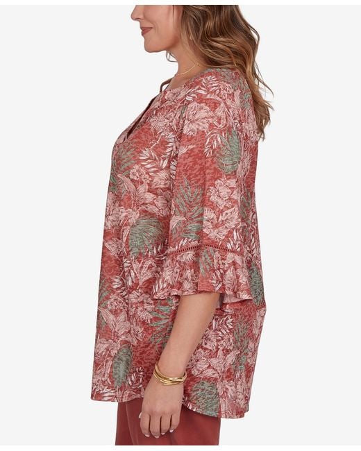 Ruby Rd Red Plus Size Tropical Floral Burnout Split Neck Top