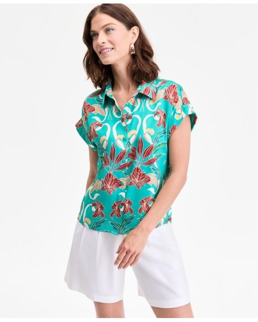 INC International Concepts Blue Printed Button-down Camp Shirt