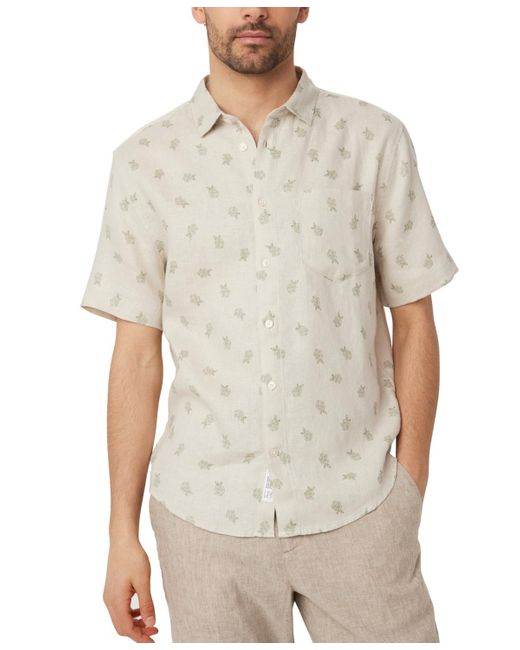 Frank And Oak White Relaxed Fit Short Sleeve Floral Print Button-front Linen Shirt for men
