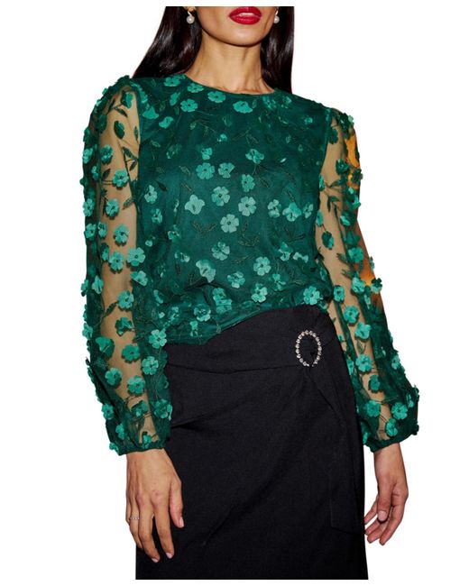 Yumi' Green Long Sleeve Sheer Floral Top