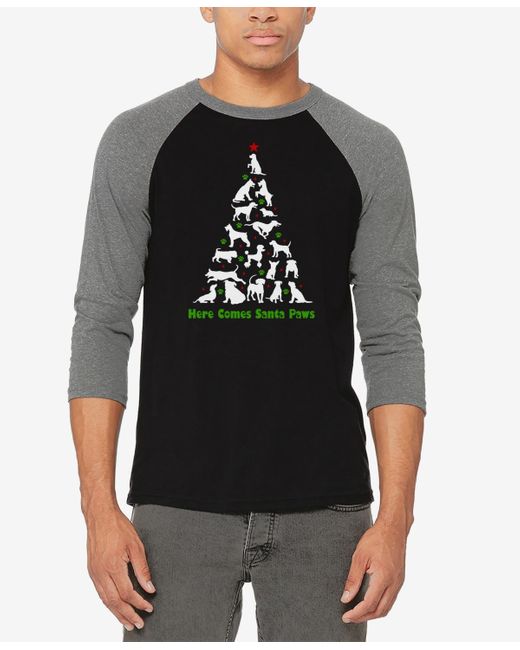 LA Pop Art Black Here Comes Santa Paws Raglan Baseball Word Art T-shirt for men