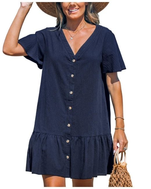 CUPSHE Blue Button-up V-neck Flounce Cover Up Dress