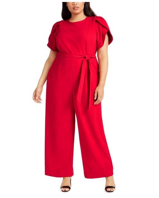 Calvin Klein Red Plus Size Tulip-sleeve Belted Jumpsuit