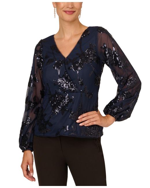 Adrianna Papell Blue Floral Sequined V-neck Top