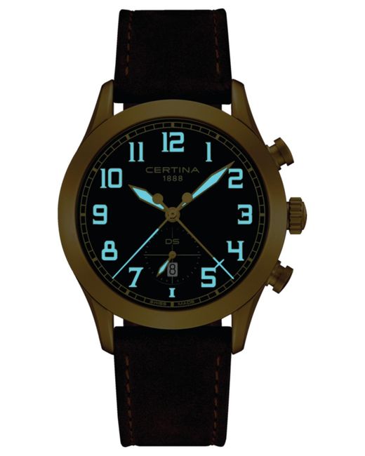 Certina Green Swiss Chronograph Ds Pilot Brown Strap Watch 43mm for men