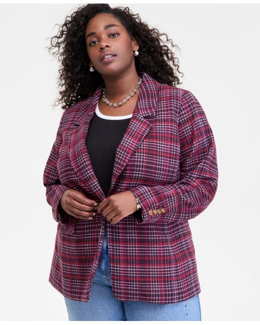 On 34th Purple Trendy Plus Size Plaid Single-button Blazer