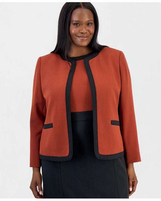 Kasper Red Plus Size Colorblock Open-front Collarless Jacket