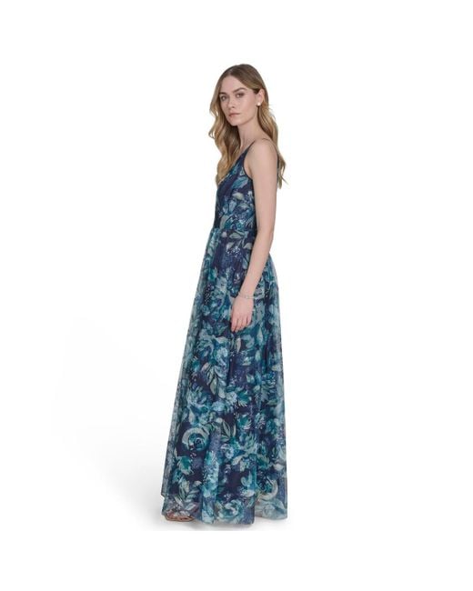 Eliza J Blue Embroidered Sequined Sleeveless Ball Gown