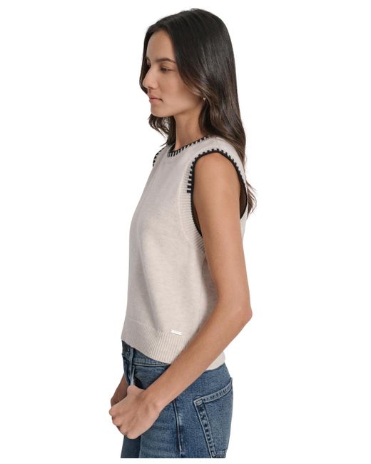 DKNY Blue Whipstitch Trim Crewneck Sleeveless Sweater