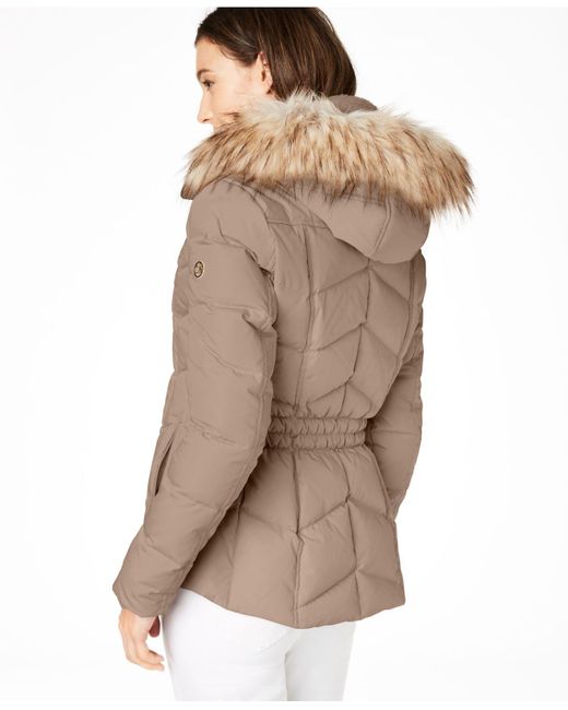 tan puffer coat with fur hood