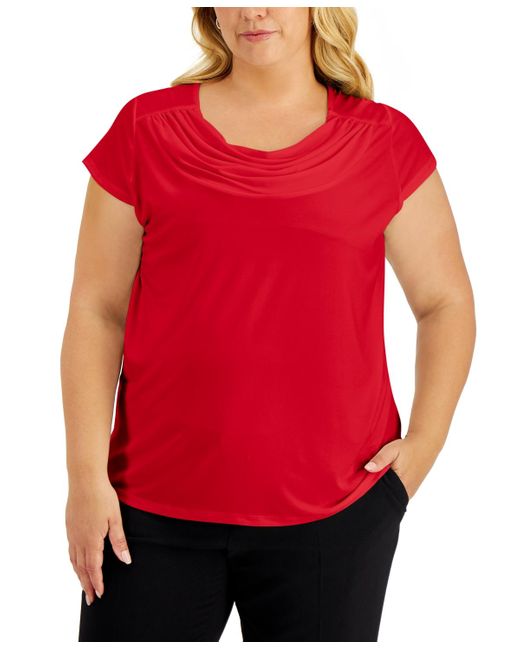 Kasper Red Plus Size Stretch Knit Short-sleeve Cowl-neck Top