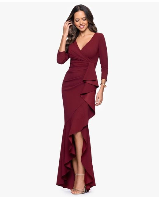 Betsy & Adam Red Long Cascading Ruffle Gown