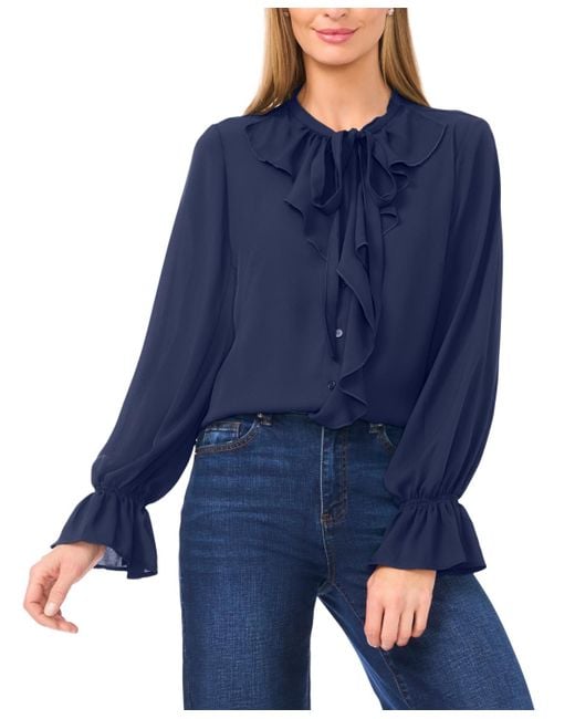 Cece Blue Long Sleeve Button-down Ruffle Top