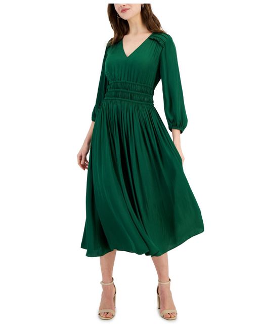 T Tahari Ruched V Neck 3/4-sleeve Midi Dress in Green | Lyst