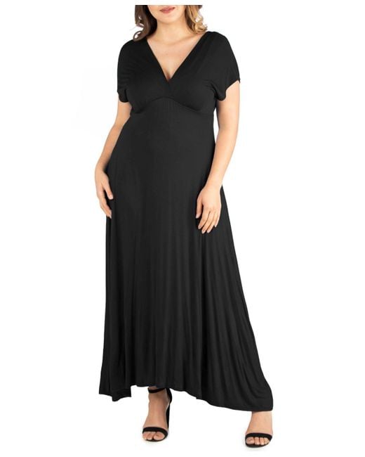 24seven Comfort Apparel Women's Black Plus Size Empire Waist V-neck Maxi  Dress