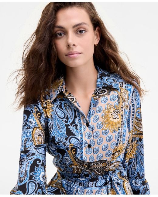 Jones New York Blue Collared Paisley Tie-waist Shirtdress
