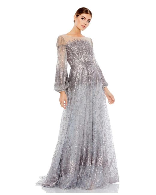 Mac Duggal Gray Jewel Encrusted Illusion Long Sleeve A Line Gown