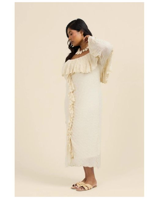 FASHION-SZN CURVE Natural Long Sleeve Ruffle Bardot Midi Dress