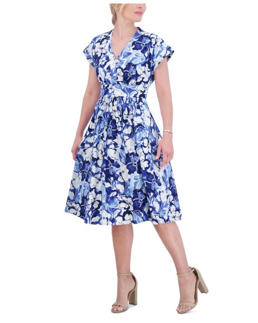Jessica Howard Blue Floral-print Fit & Flare Dress