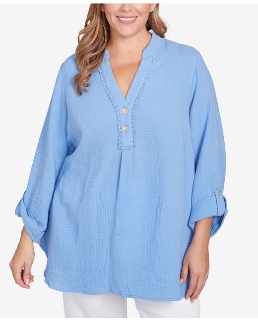 Ruby Rd Blue Plus Size Sleeve Henley Top