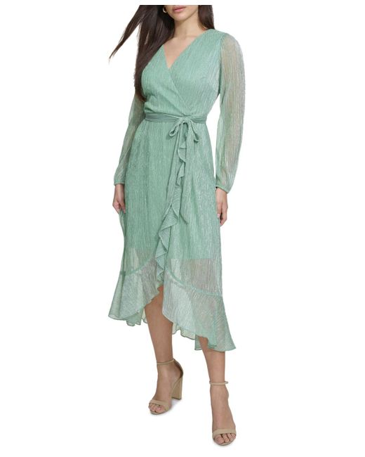 Kensie Green Ruffled Faux-wrap Dress
