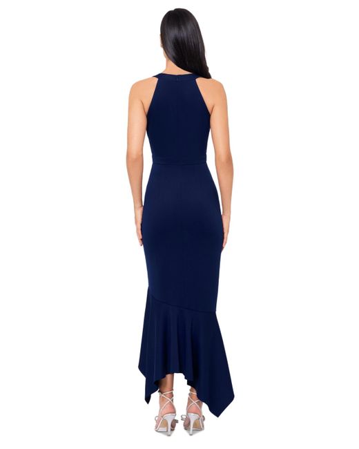 Xscape Blue V-neck Sleeveless Ruffled High-low Dress