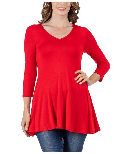 24seven Comfort Apparel Red Three Quarter Sleeve V-neck Tunic Top