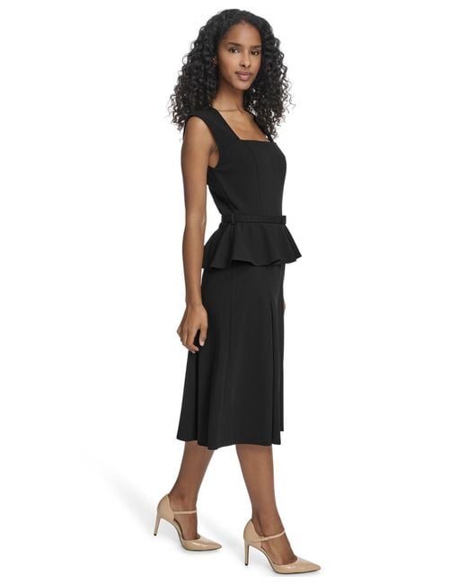 Calvin Klein Black Square-neck Belted Midi Dress